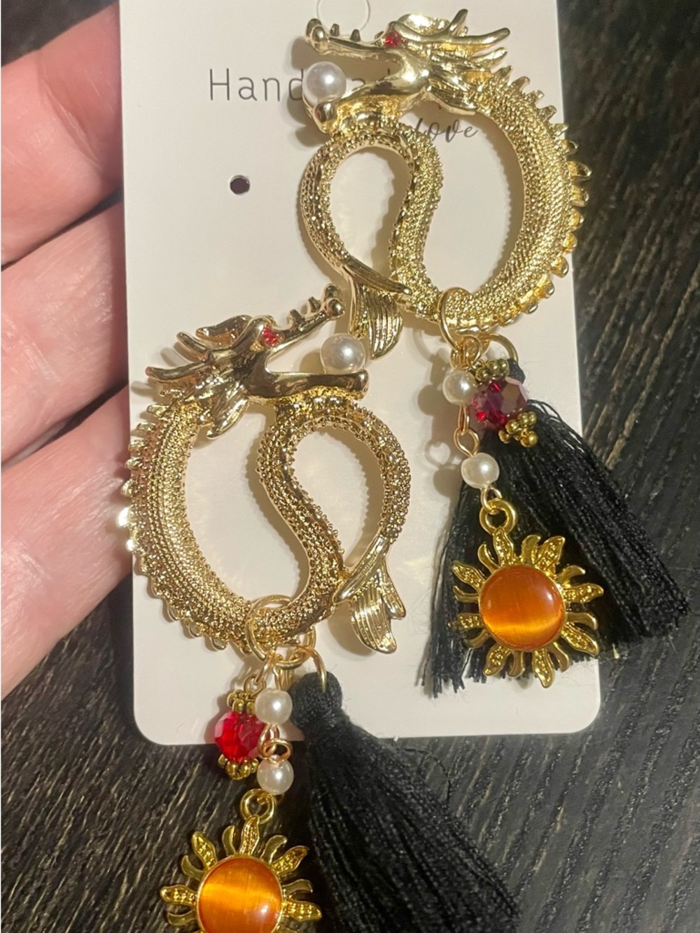 Hand Crafted Gold Dragon Earrings with Black Tassels and Orange Sun Charms